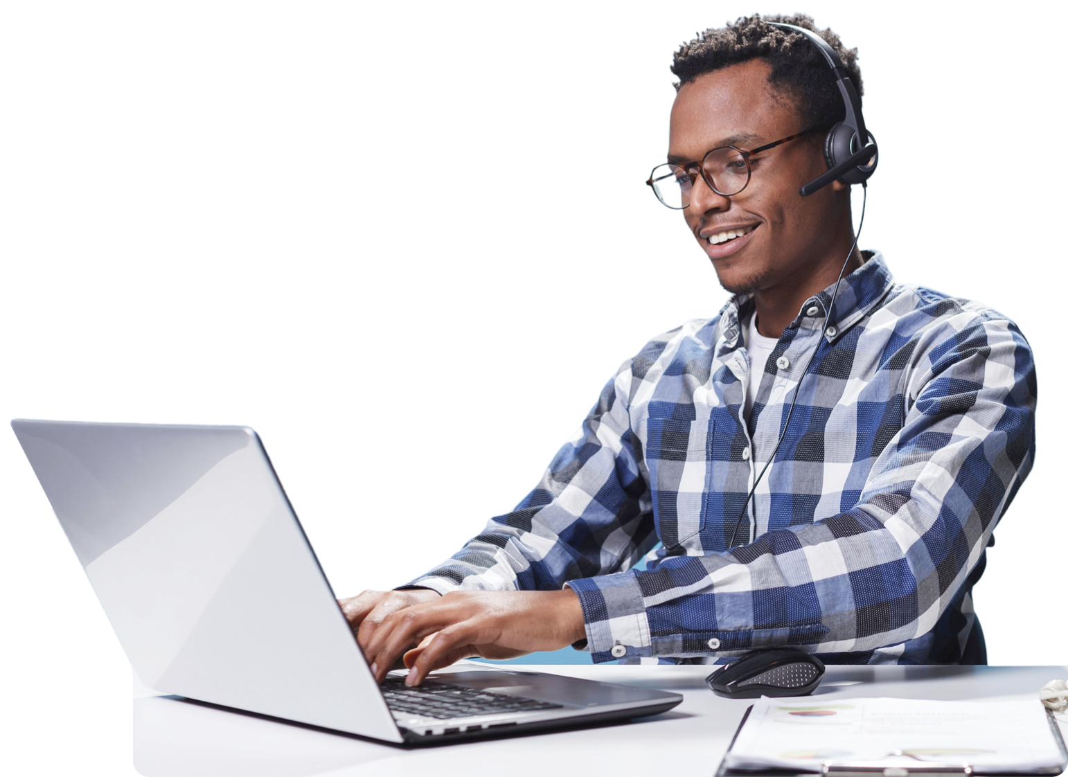 call center agent working happily on laptop