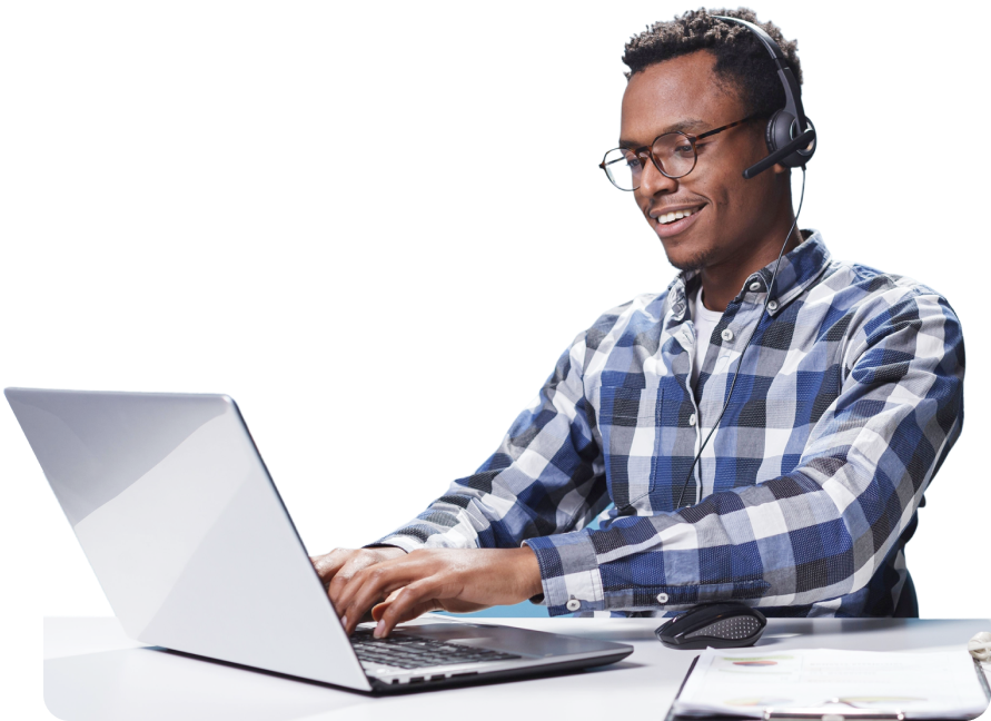 call center agent working happily on laptop